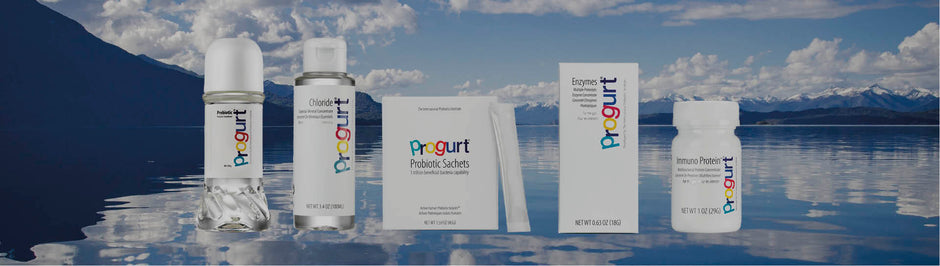 Progurt products on background of a lake
