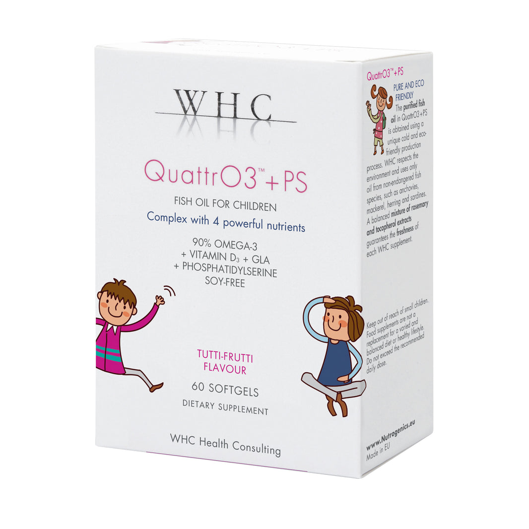 box of QuattrO3+PS fish oil capsules front view