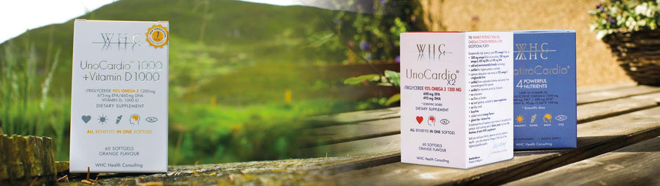 Three boxes of WHC fish oils with woodland background